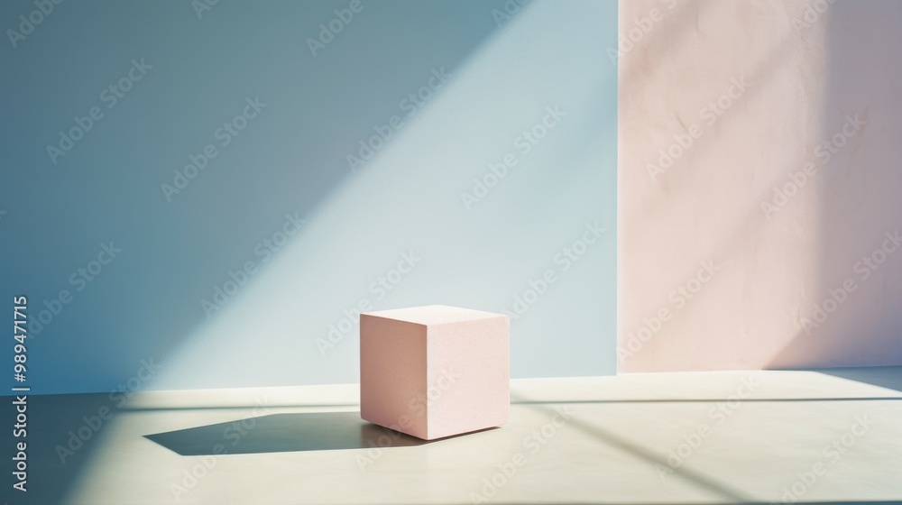 A minimalist composition featuring a single white cube bathed in soft sunlight within a pastel-hued room, evoking simplicity and modern artistic design.