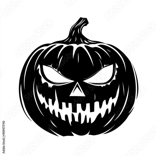 Vector black and white illustration of a Halloween pumpkin with a carved face, simple silhouette, black color, white background