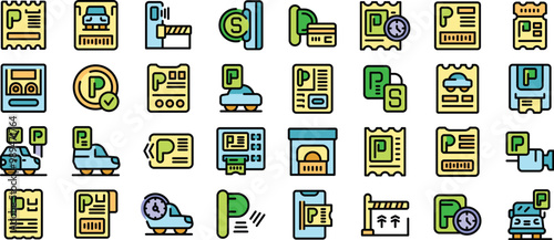 Parking fee icons set, including car, parking sign, parking ticket, barrier gate, parking meter, and more