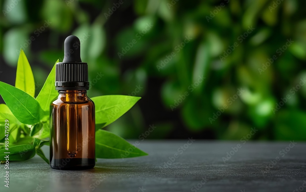 Essential oil bottle with green leaves backdrop. Essential oil bottle with green leaves backdrop.