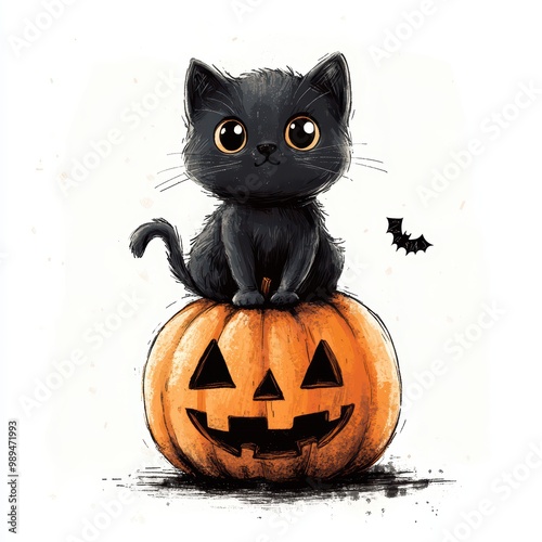 Minimalist illustration of a cute black cat sitting on top of a Halloween Jack-o-lantern pumpkin, against a white blank background