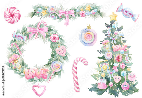 Cute Christmas Watercolor Holiday Set. Christmas tree Wreath Frame, cute girly ornaments, festive decor
