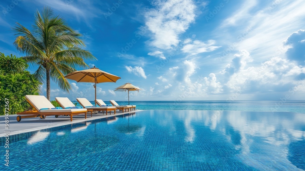 Obraz premium Luxurious infinity pool with lounge chairs and palm trees overlooking the ocean under a clear blue sky.