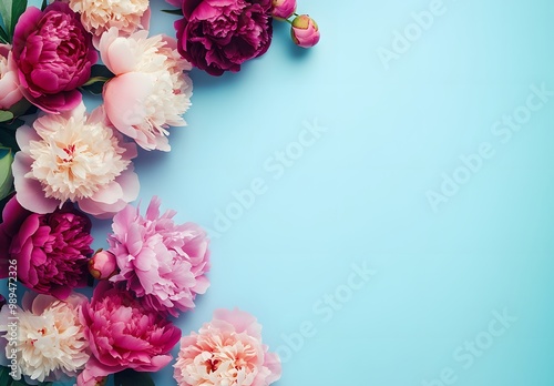 Pink & Fuchsia Peonies Border on Blue Background