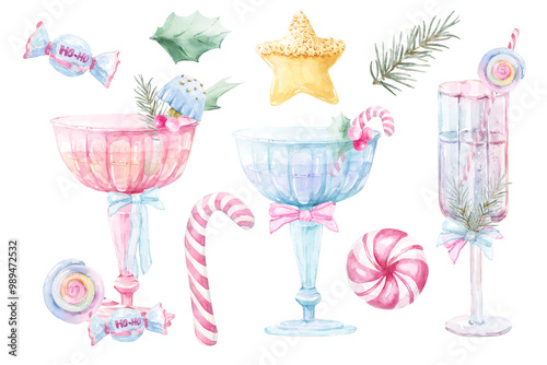 Cute Christmas Watercolor Holiday Set. Christmas tree, cute girly ornaments, festive decor