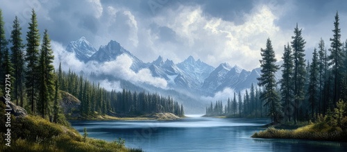 Mountain scenery featuring lakes and foreground trees framed by a coniferous forest under a cloudy sky Emphasizes summer and spring elements ideal for travel and outdoor pursuits Raster image