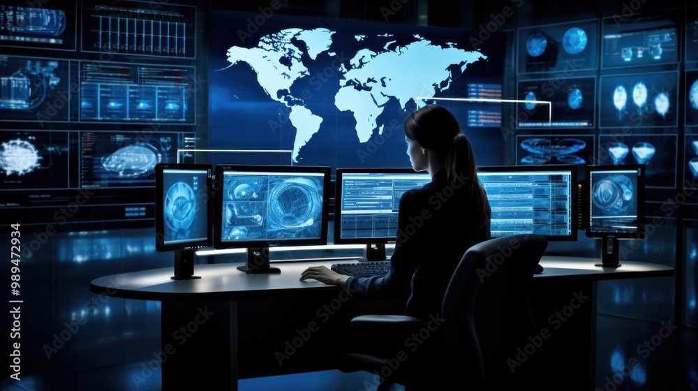 A woman sitting in a high-tech control room, monitoring multiple screens displaying maps and data, illustrating a sense of focus and command. A woman sitting in a high-tech control room, monitoring multiple screens displaying maps and data, illustrating a sense of focus and command.