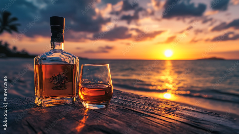Enjoying a sunset cocktail by the beach with a glass of whiskey and a bottle on the shore Enjoying a sunset cocktail by the beach with a glass of whiskey and a bottle on the shore