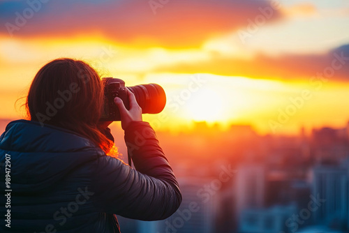 Traveler photographing a sunrise over the city skyline