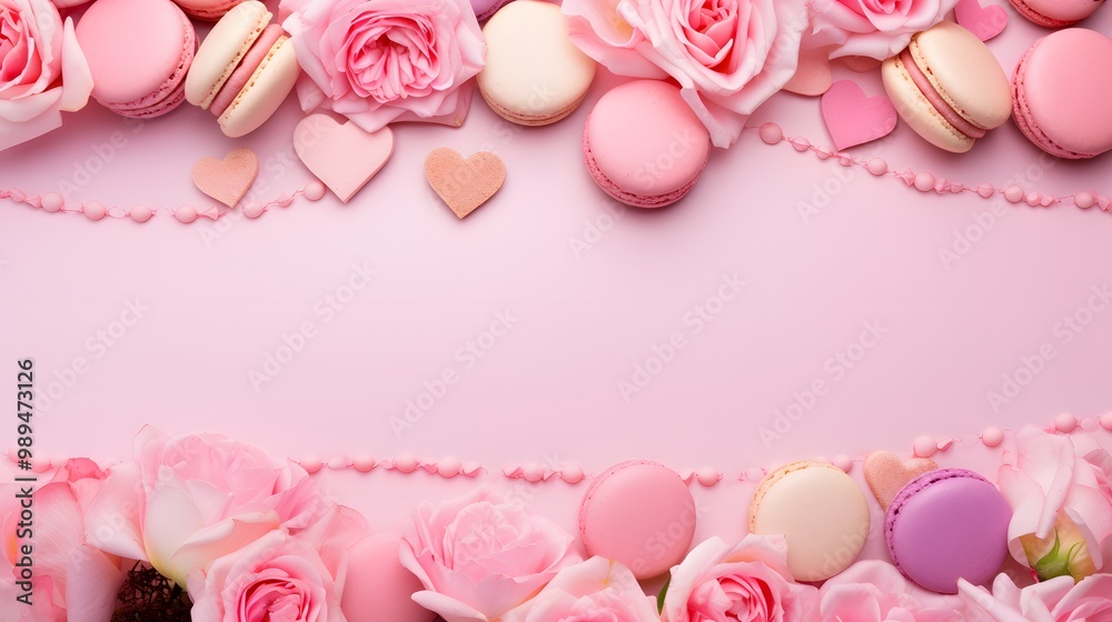 Pink Roses, Macarons & Hearts on Pink Background Pink Roses, Macarons & Hearts on Pink Background