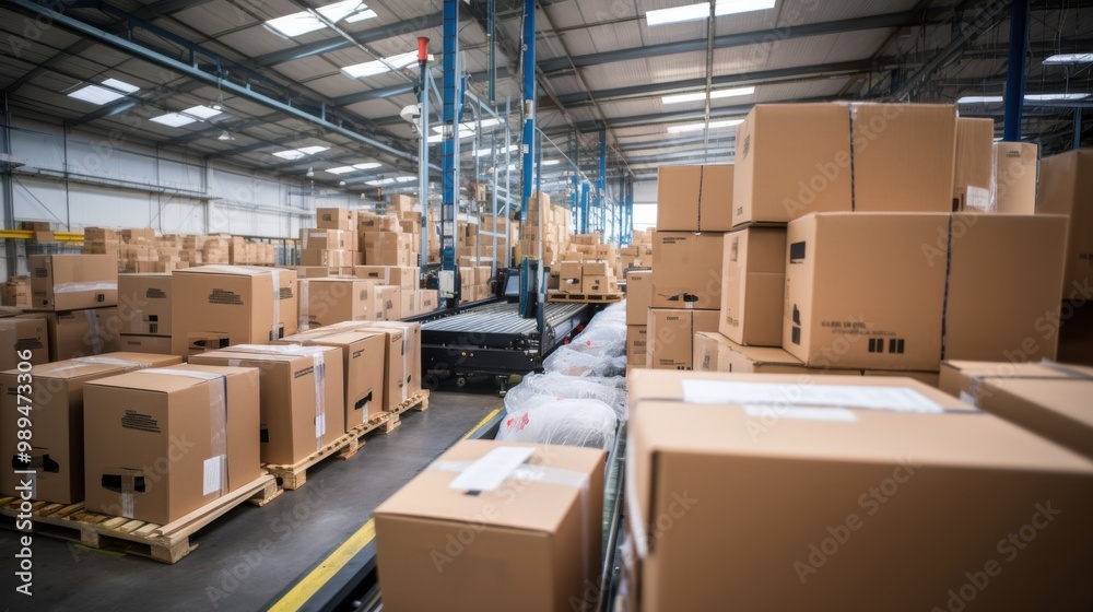 A bustling warehouse packed with stacks of cardboard boxes on pallets, with the conveyer belt running down the center, illustrating logistics in action. A bustling warehouse packed with stacks of cardboard boxes on pallets, with the conveyer belt running down the center, illustrating logistics in action.