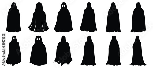 Ghost silhouettes set, horror pack of vector silhouette design, isolated background.