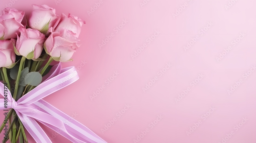 Pink Rose Bouquet with Striped Ribbon on Pink Background Pink Rose Bouquet with Striped Ribbon on Pink Background
