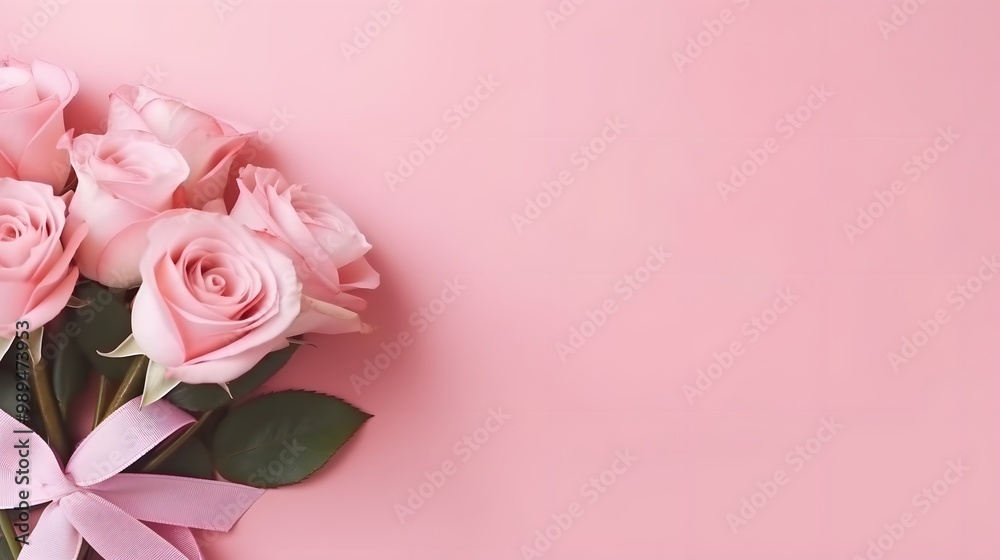 Pink Roses Bouquet with Ribbon on Pink Background Pink Roses Bouquet with Ribbon on Pink Background