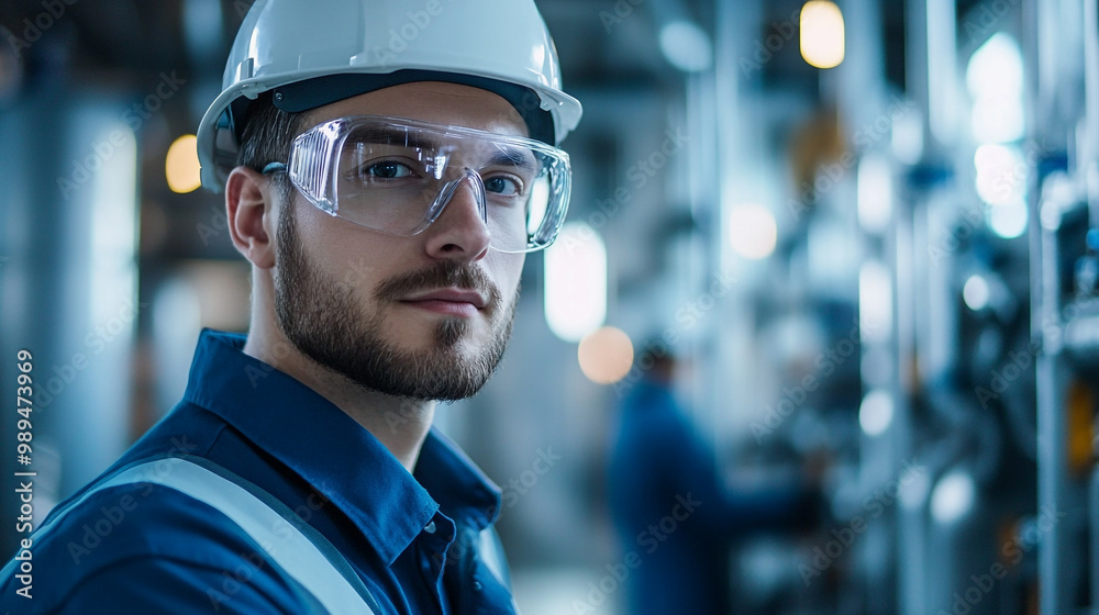 Young engineer in safety gear working in an industrial facility during daylight hours Young engineer in safety gear working in an industrial facility during daylight hours