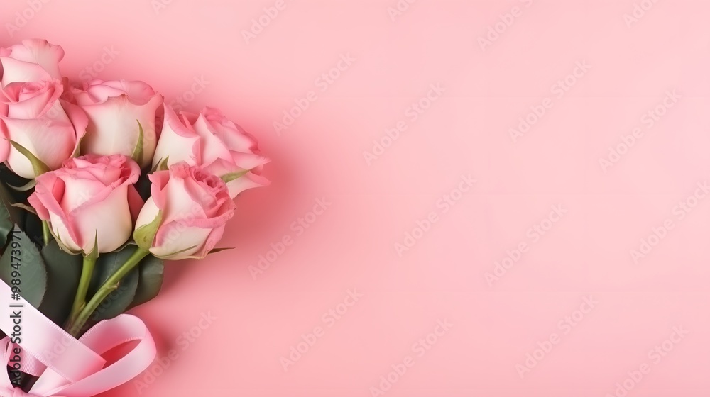 Pink Rose Bouquet with Striped Ribbon on Pink Background Pink Rose Bouquet with Striped Ribbon on Pink Background