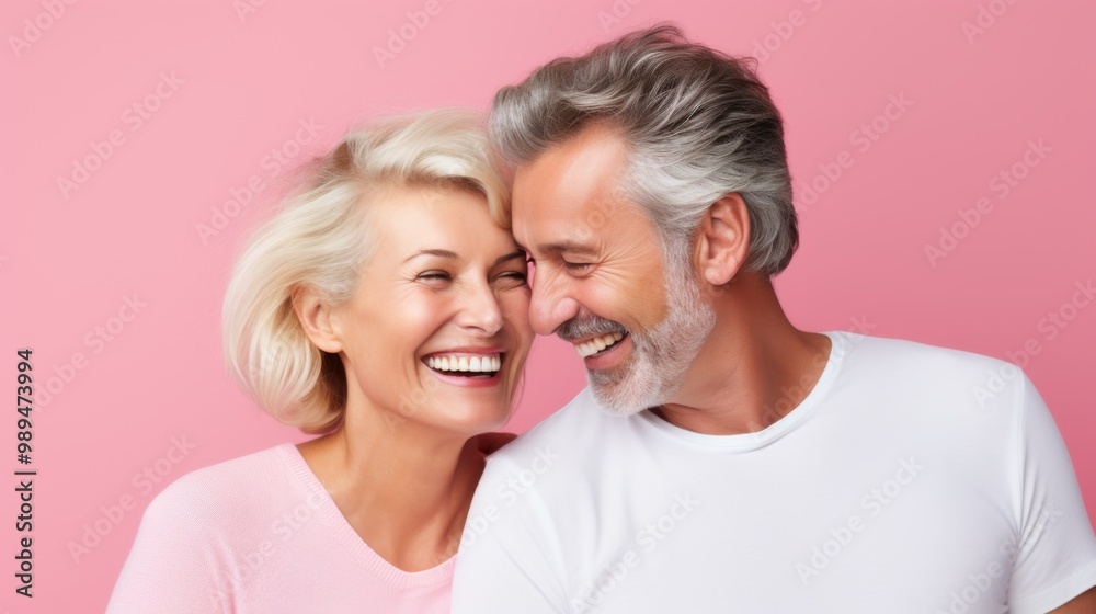 A relaxed couple stands back-to-back, smiling joyfully against a soft pink background, symbolizing love and happiness in their senior years. A relaxed couple stands back-to-back, smiling joyfully against a soft pink background, symbolizing love and happiness in their senior years.