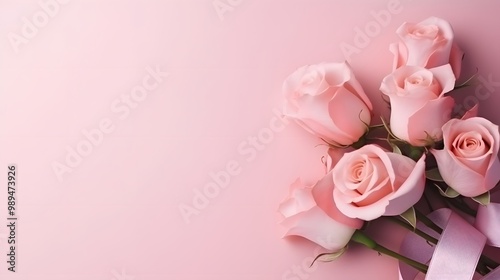 Pink Roses Bouquet with Ribbon on Pink Background