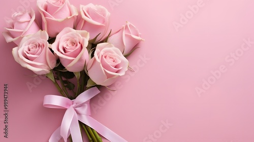 Wallpaper Mural Pink Roses Bouquet with Ribbon on Pink Background Torontodigital.ca