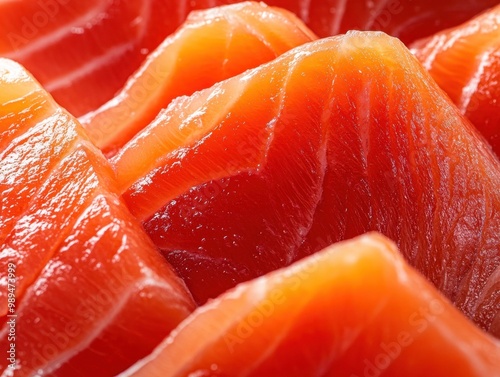 Fresh sashimi-grade salmon slices in close-up view. photo