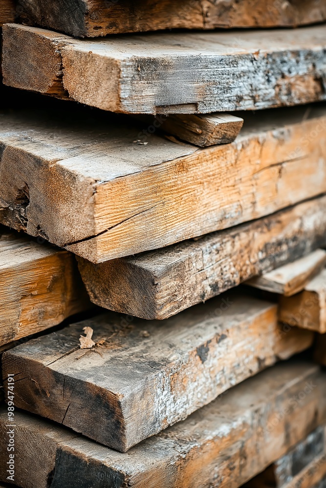 A stack of aged and weathered wooden planks in an outdoor setting, showcasing the rustic textures and natural colors of the wood. A stack of aged and weathered wooden planks in an outdoor setting, showcasing the rustic textures and natural colors of the wood.