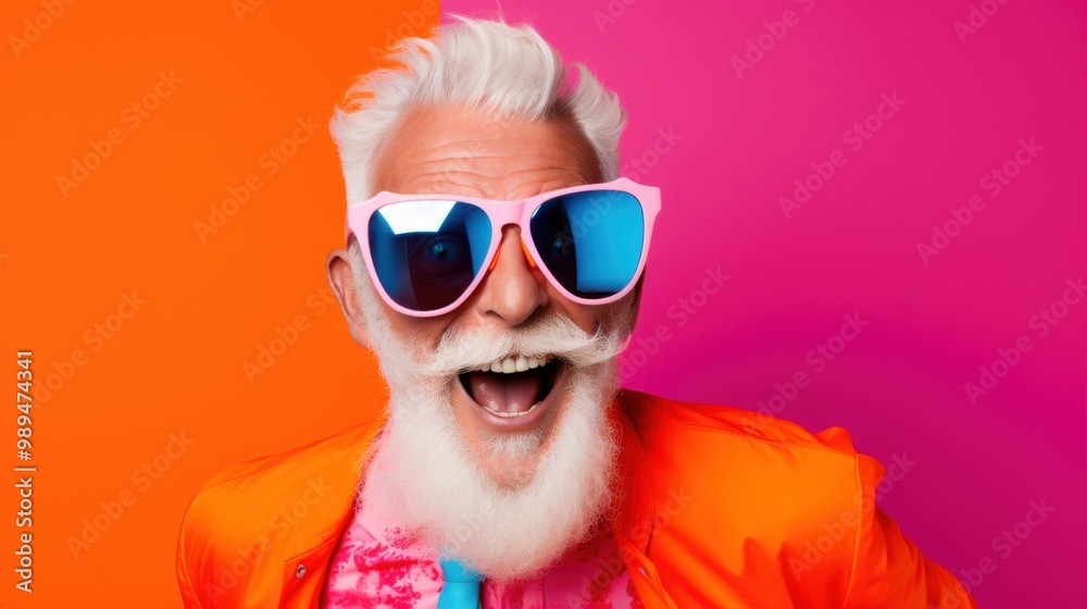 A joyful elderly man with bright white hair and beard wears bold, pink sunglasses and a vibrant pink outfit, radiating fun and energy against a colorful backdrop. A joyful elderly man with bright white hair and beard wears bold, pink sunglasses and a vibrant pink outfit, radiating fun and energy against a colorful backdrop.