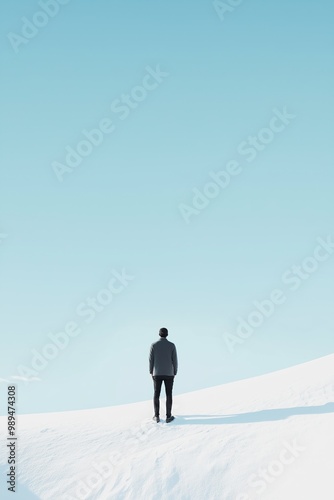 A solitary individual standing atop a snow-covered landscape, facing a vast, uninterrupted clear sky, reflecting contemplation and solitude.