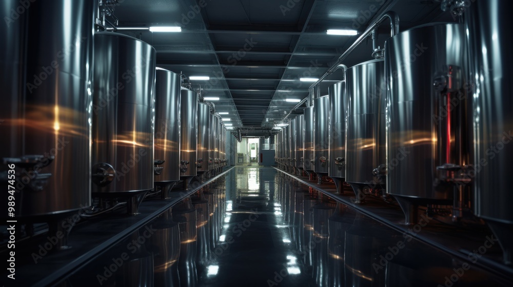 Dimly lit industrial corridor featuring a row of gleaming metal tanks reflecting the sparse overhead lighting. Dimly lit industrial corridor featuring a row of gleaming metal tanks reflecting the sparse overhead lighting.