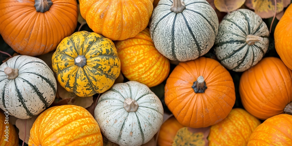 A top-down view of various pumpkins displaying a range of colors and textures, representing harvest and festive autumn vibes. A top-down view of various pumpkins displaying a range of colors and textures, representing harvest and festive autumn vibes.