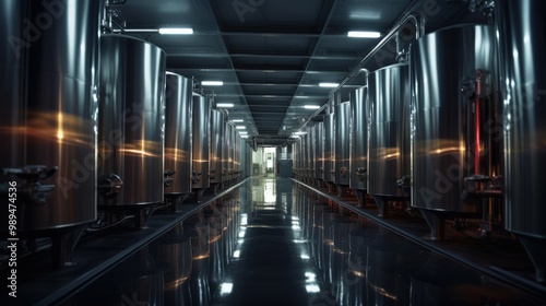 Dimly lit industrial corridor featuring a row of gleaming metal tanks reflecting the sparse overhead lighting.