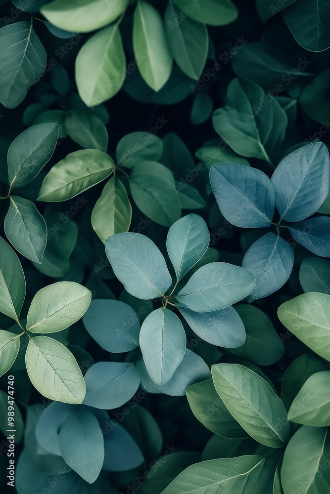 A close-up view of vibrant green and blue leaves, highlighting their richly textured and intricate foliage beauty.