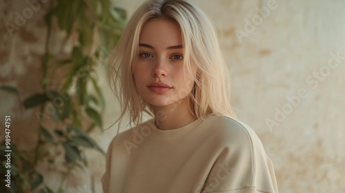 A young woman with blonde hair poses thoughtfully indoors amidst a backdrop of greenery