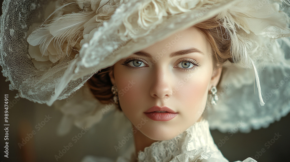 A young woman in a lace dress and hat poses elegantly, exuding beauty and grace A young woman in a lace dress and hat poses elegantly, exuding beauty and grace
