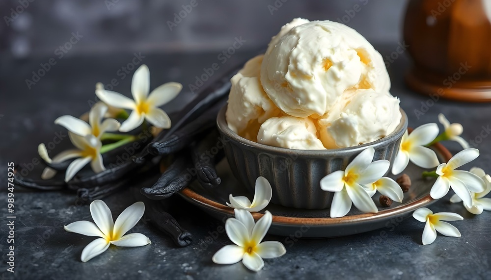 Vanilla ice cream, vanilla beans and vanilla flowers on the table Vanilla ice cream, vanilla beans and vanilla flowers on the table