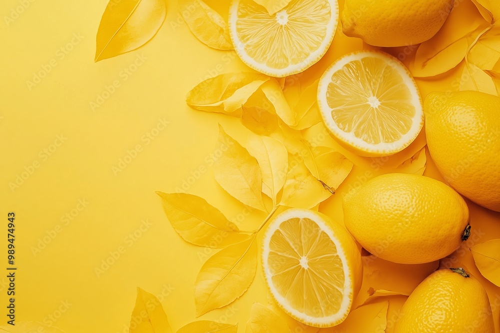 Whole and sliced lemons are complemented by yellow leaves, set against a matching yellow backdrop representing freshness. Whole and sliced lemons are complemented by yellow leaves, set against a matching yellow backdrop representing freshness.