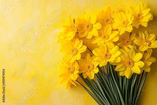 A bunch of vibrant yellow flowers artfully arranged against a yellow background, embodying cheerfulness and energy. photo