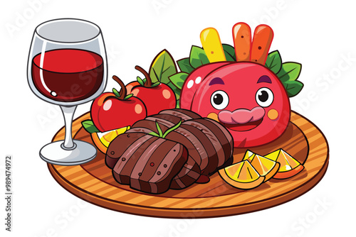 Grilled sliced Venison Steak with baked vegetables and berry sauce and Red wine on white background
