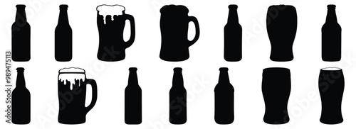 Beer silhouettes set, drink pack of vector silhouette design, isolated background.