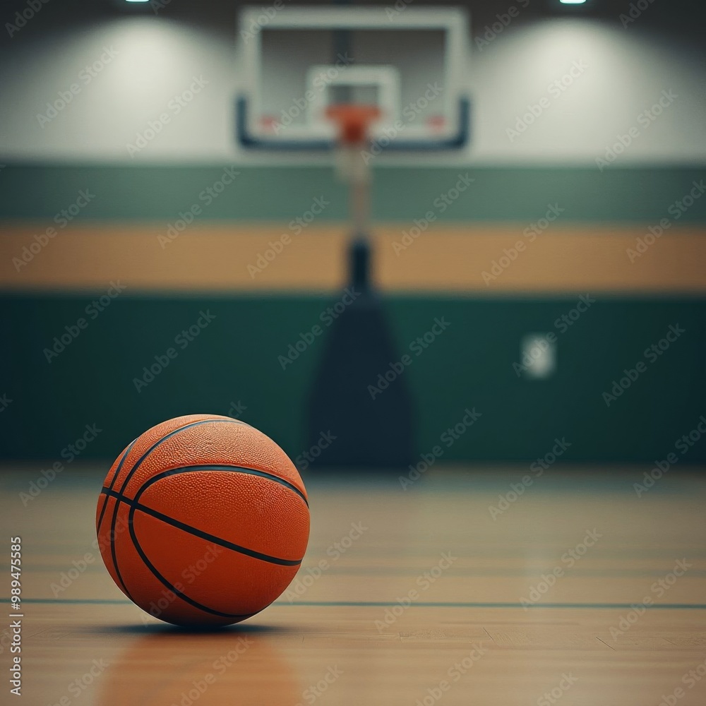 A basketball ball is lying in empty gym on a gray background, no people, sport lifestyle, school gym A basketball ball is lying in empty gym on a gray background, no people, sport lifestyle, school gym