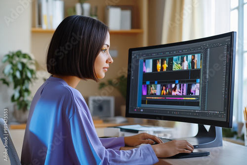 A young Indian woman editor sits at a desk in front of a monitor. Brunette woman video maker with square hairstyle edits video at home. Freelance concept.