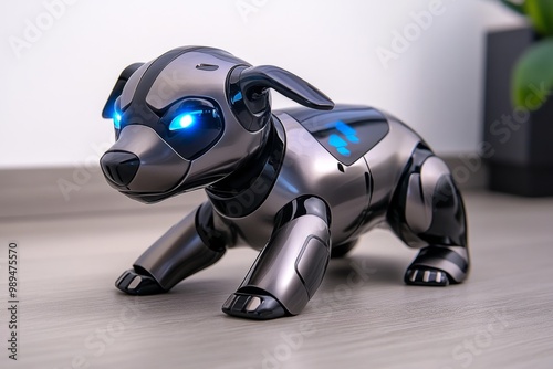 A futuristic pet robot designed to look and act like a dog, with sleek metallic features and glowing eyes, interacting with its owner in a high-tech home photo