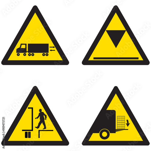 SA054,SA055,SA056,SA057,salida de camiones, peso limitado, peligro muelle limitado, peligro área de descarga, atención, industrial, precaución, triángulo, industria, amarillo, icono, advertencia, segu