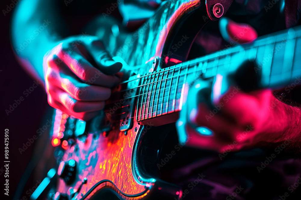 Naklejka premium Close-up of hands playing electric guitar with vibrant energy