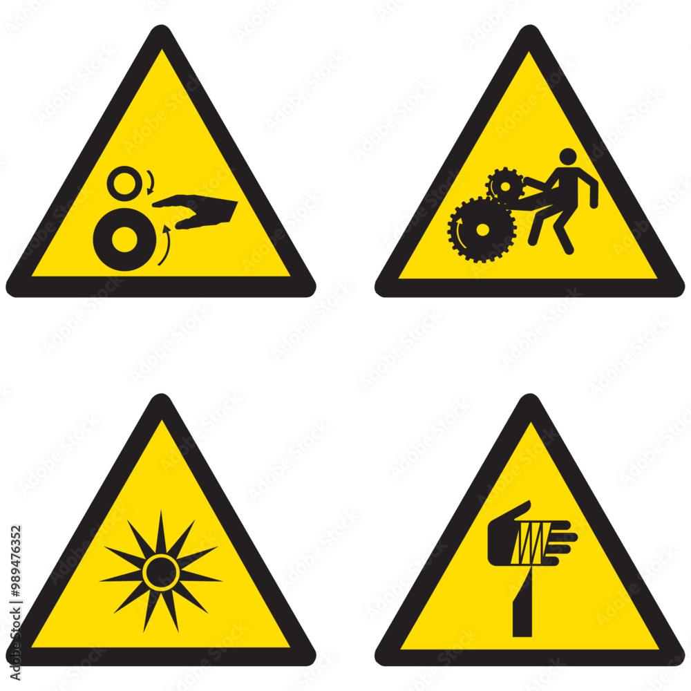SA090,SA091,SA092,SA093, peligro radiacion optica, peligro elemento puntiagudo, maquinas en movimiento, riesgo de atrapamiento,radioactivo, radiacion laser, icono de seguridad, triangular, aviso, lase