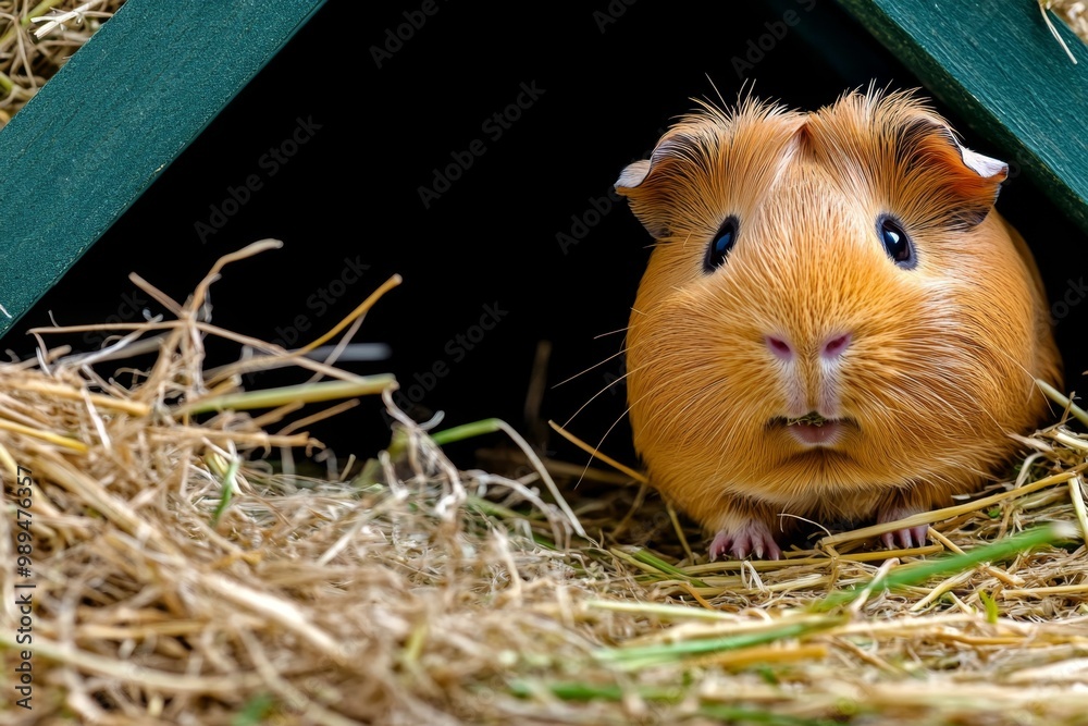 A guinea pig sitting in a small enclosure, nibbling on hay while peeking out from its cozy hideaway A guinea pig sitting in a small enclosure, nibbling on hay while peeking out from its cozy hideaway