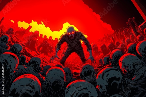 A horde of undead zombies rising from the ground in a red-black graveyard, their eyes glowing with eerie red light, in a zombie fantasy artwork illustration photo