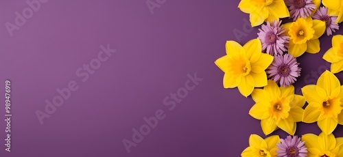 Purple Background with Yellow Daffodils and Purple Flowers
