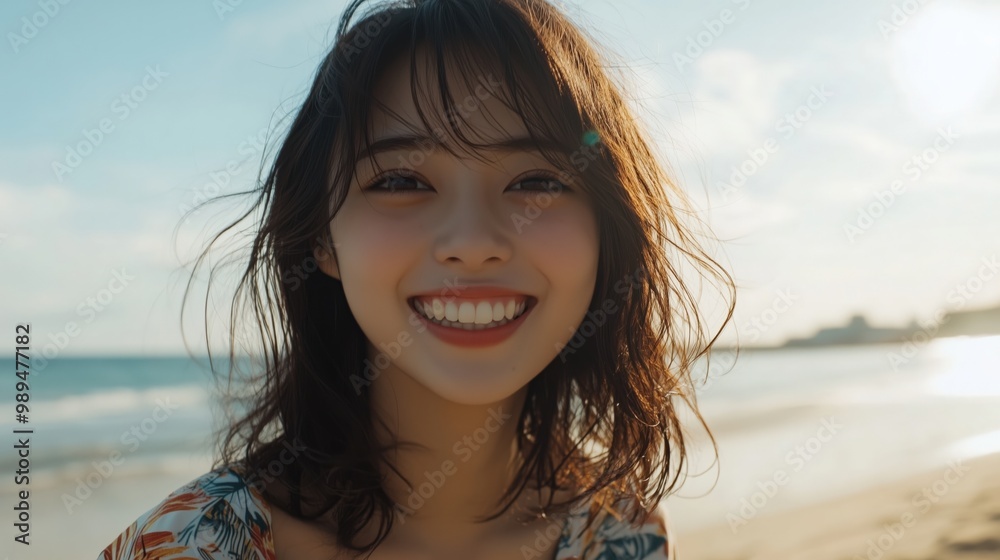 日本のビーチで日光浴を楽しむ陽気な女性 - 旅行ポスターに最適 日本のビーチで日光浴を楽しむ陽気な女性 - 旅行ポスターに最適