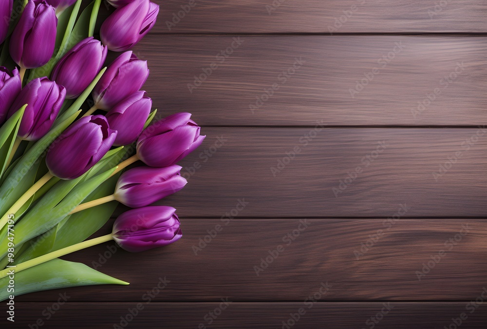 Purple Tulips on Rustic Wooden Table Top View Purple Tulips on Rustic Wooden Table Top View