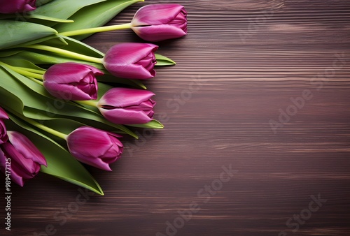 Purple Tulips on Rustic Wooden Background